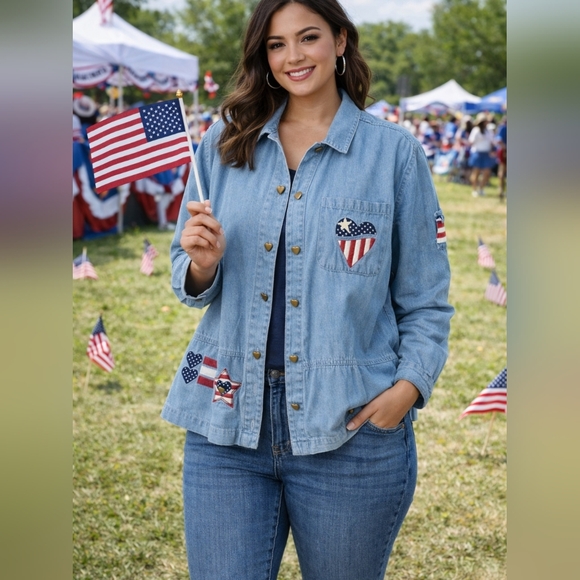 Christopher & Banks Jackets & Blazers - Vintage Christopher & Banks Blue Jean Jacket with Patriotic Patches, women's